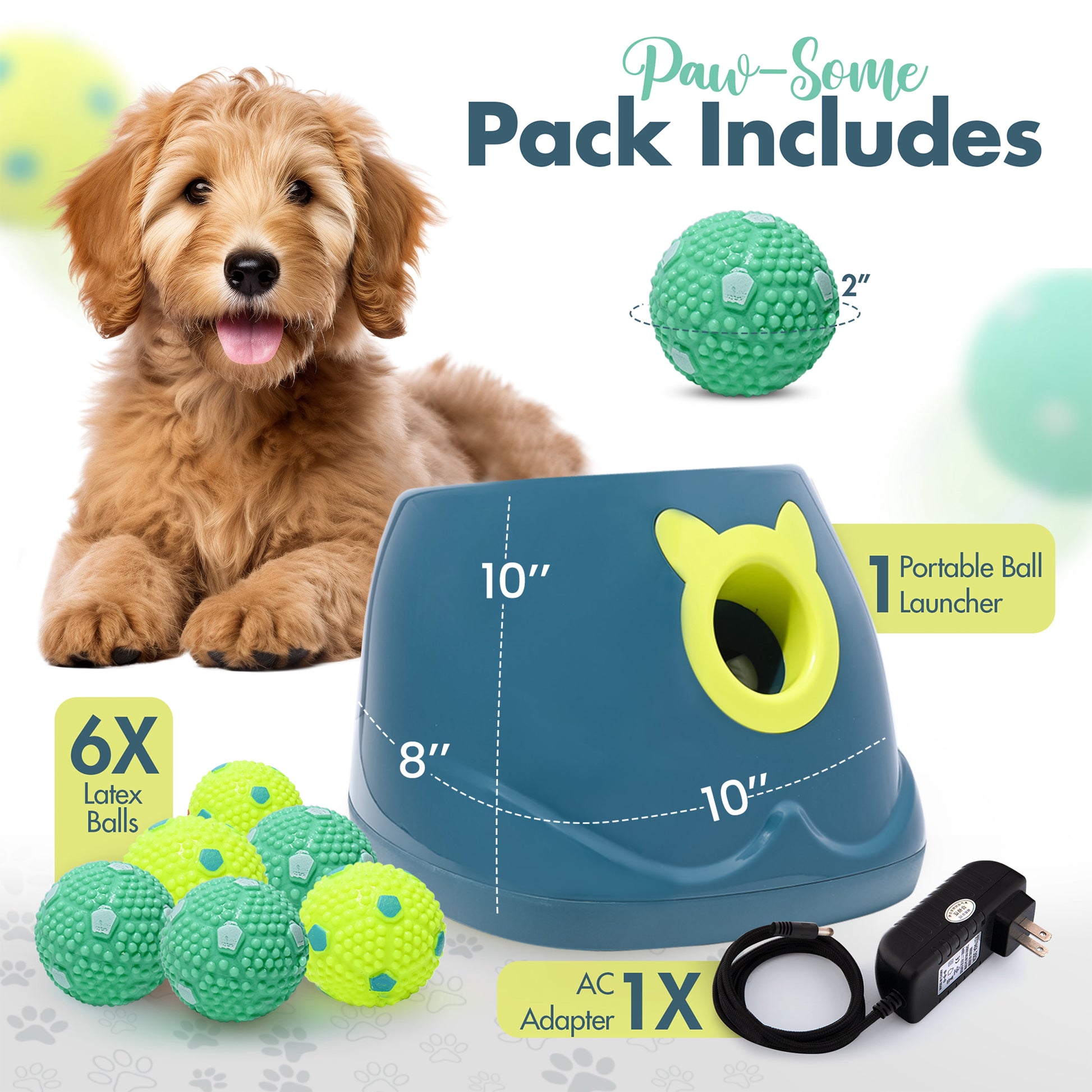 Automatic Dog Ball Launher, Ball Thrower for Small to Medium Sized Dogs, Great Interactive Dog Toy with 6 Latex Balls, Dual Power Supply