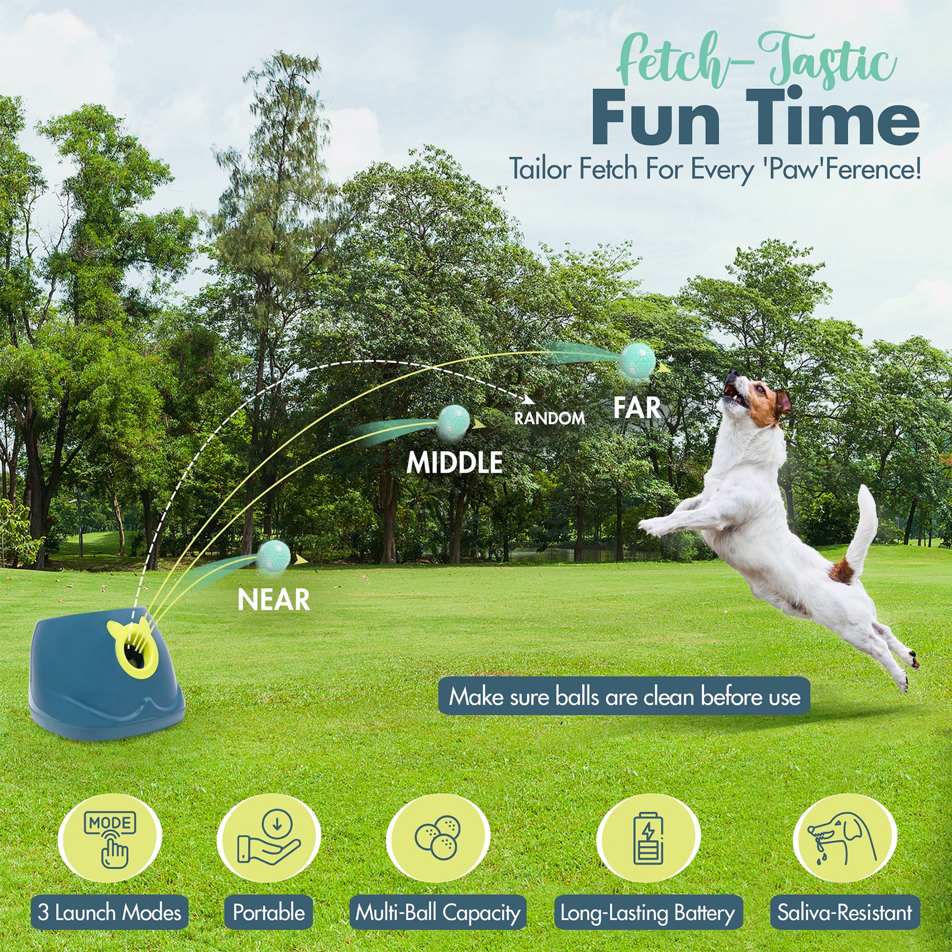 Automatic Dog Ball Launher, Ball Thrower for Small to Medium Sized Dogs, Great Interactive Dog Toy with 6 Latex Balls, Dual Power Supply