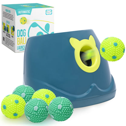 Automatic Dog Ball Launher, Ball Thrower for Small to Medium Sized Dogs, Great Interactive Dog Toy with 6 Latex Balls, Dual Power Supply
