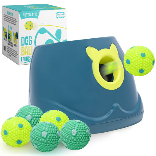 Automatic Dog Ball Launher, Ball Thrower for Small to Medium Sized Dogs, Great Interactive Dog Toy with 6 Latex Balls, Dual Power Supply