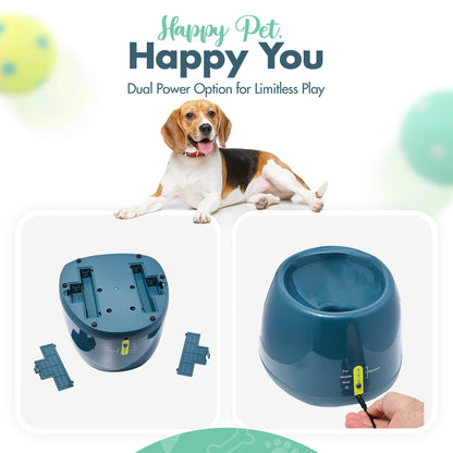 Automatic Dog Ball Launher, Ball Thrower for Small to Medium Sized Dogs, Great Interactive Dog Toy with 6 Latex Balls, Dual Power Supply
